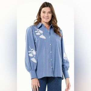 Navy and Light Blue Striped Blouse Tunic Length. Classic Style S